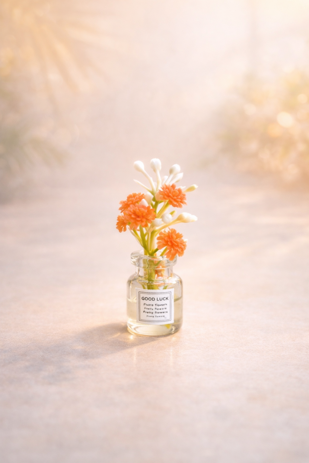 Mini glass bottle flower fridge magnet with orange blossoms and transparent bottle design on soft aesthetic background