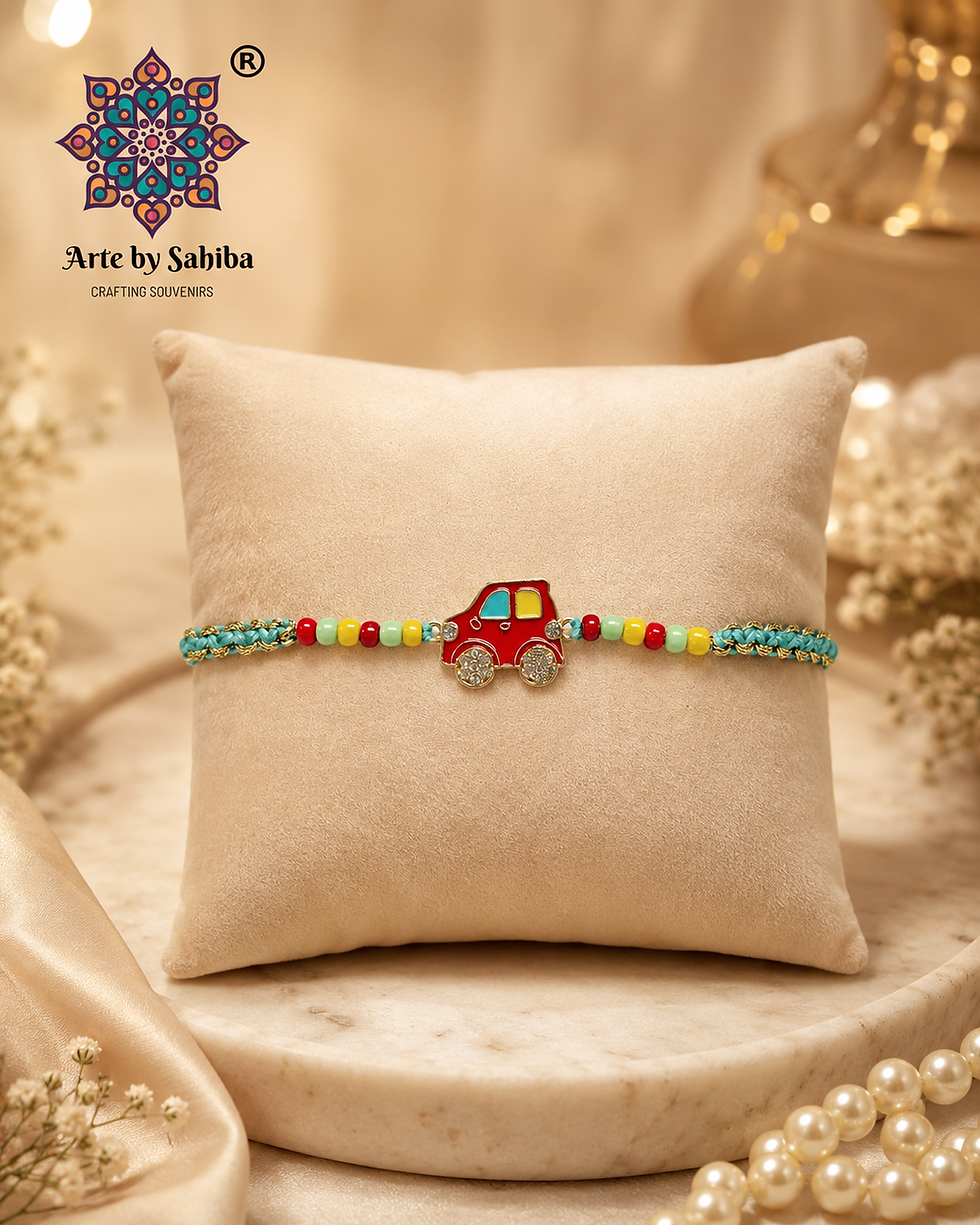 Premium handmade Tiny Cruiser Rakhi featuring a red car enamel charm with sparkling crystal accents, colourful beads, and a t
