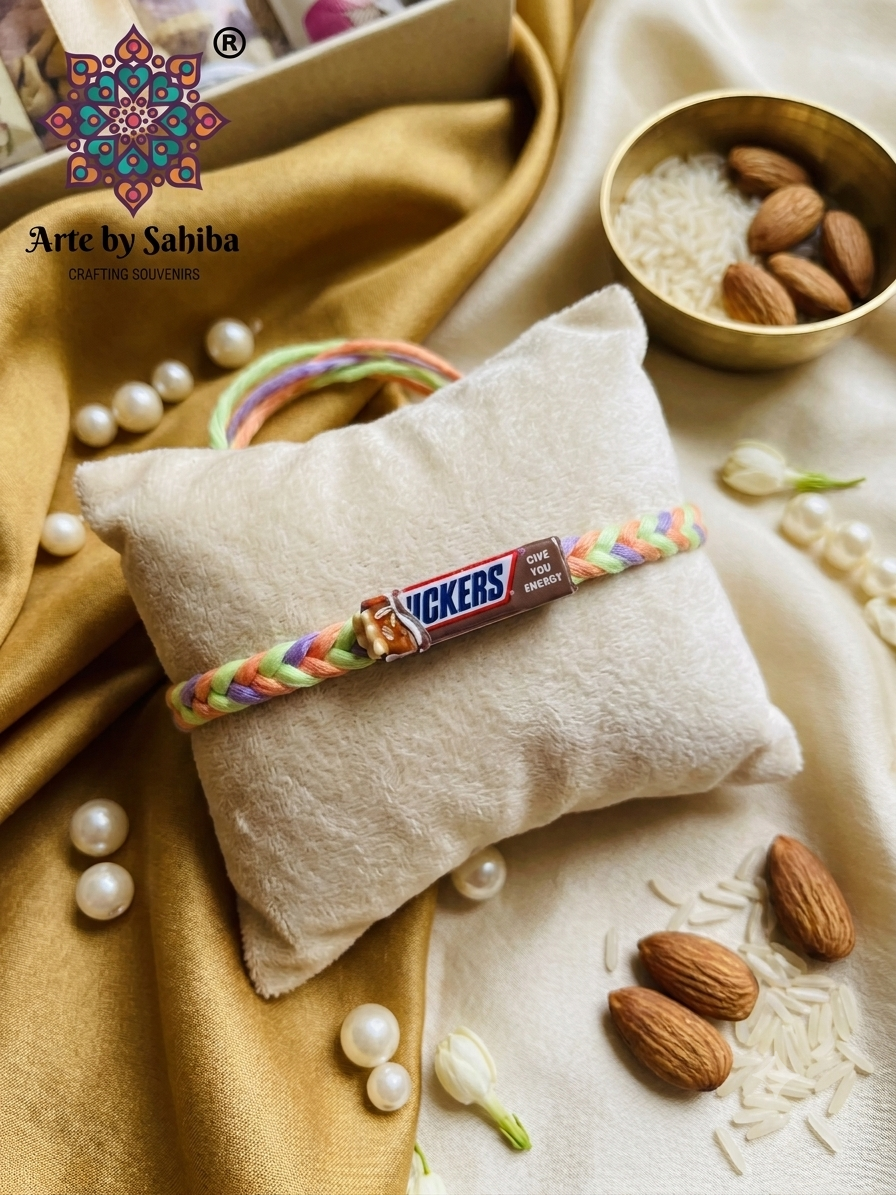 Arte by Sahiba miniature Snickers chocolate bar rakhi on a pastel multi-colored braided thread, displayed on a cream velvet c