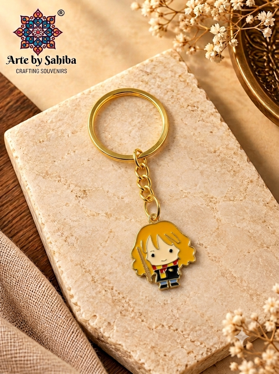 Hermione Granger chibi wizard enamel metal keychain holding wand on a gold chain