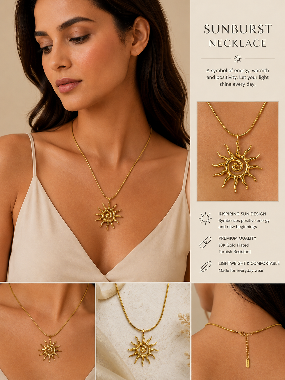Model wearing a gold sunburst pendant necklace with celestial-inspired design