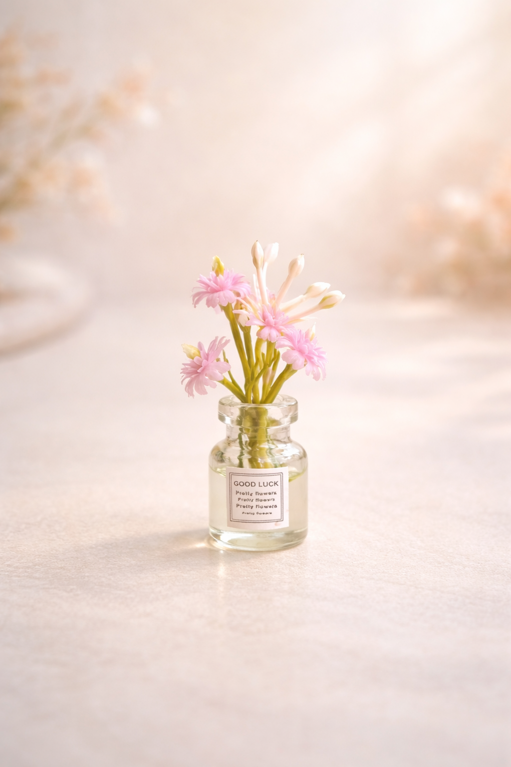 Mini glass bottle flower fridge magnet with orange blossoms and transparent bottle design on soft aesthetic background