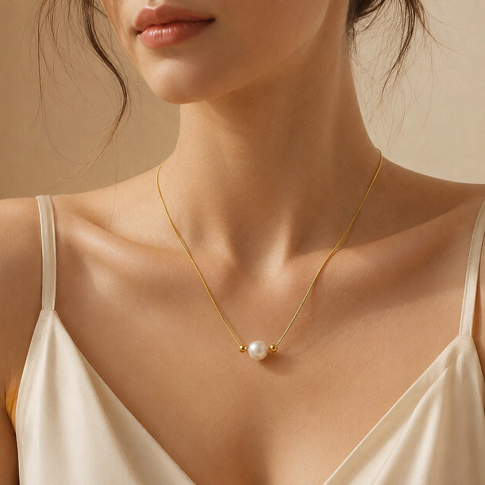 Minimal gold pearl necklace worn by model in elegant cream outfit for premium jewelry catalogue
