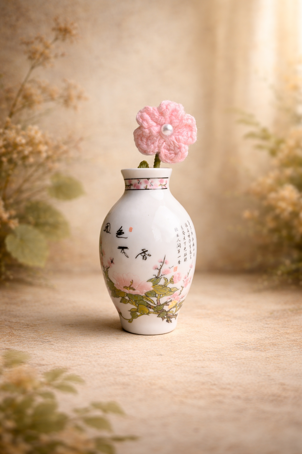 A delicate mini vase fridge magnet featuring a soft pink crochet flower in a ceramic-style vase.