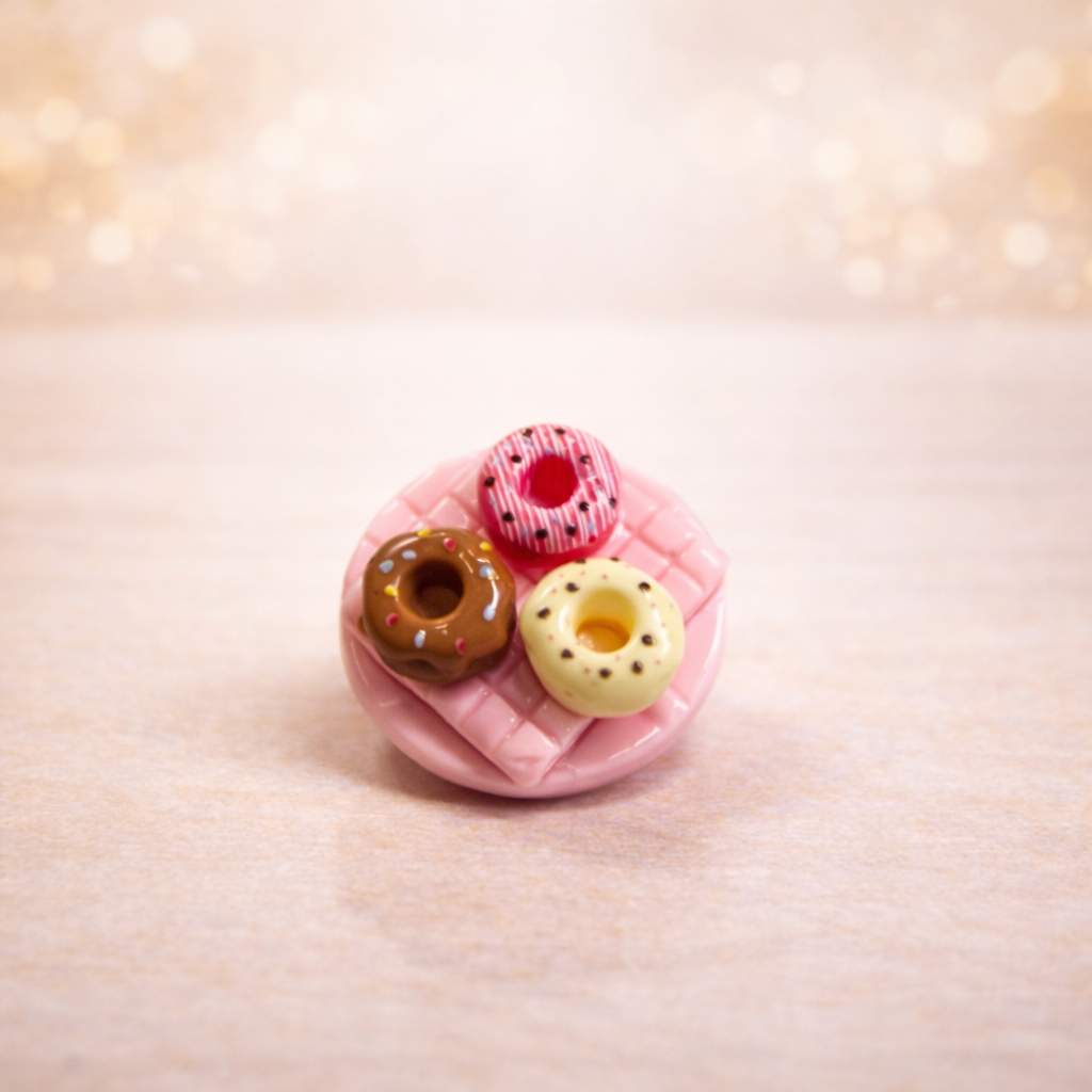Mini donut trio dessert fridge magnet with pastel pink base and three colorful donuts on soft aesthetic background