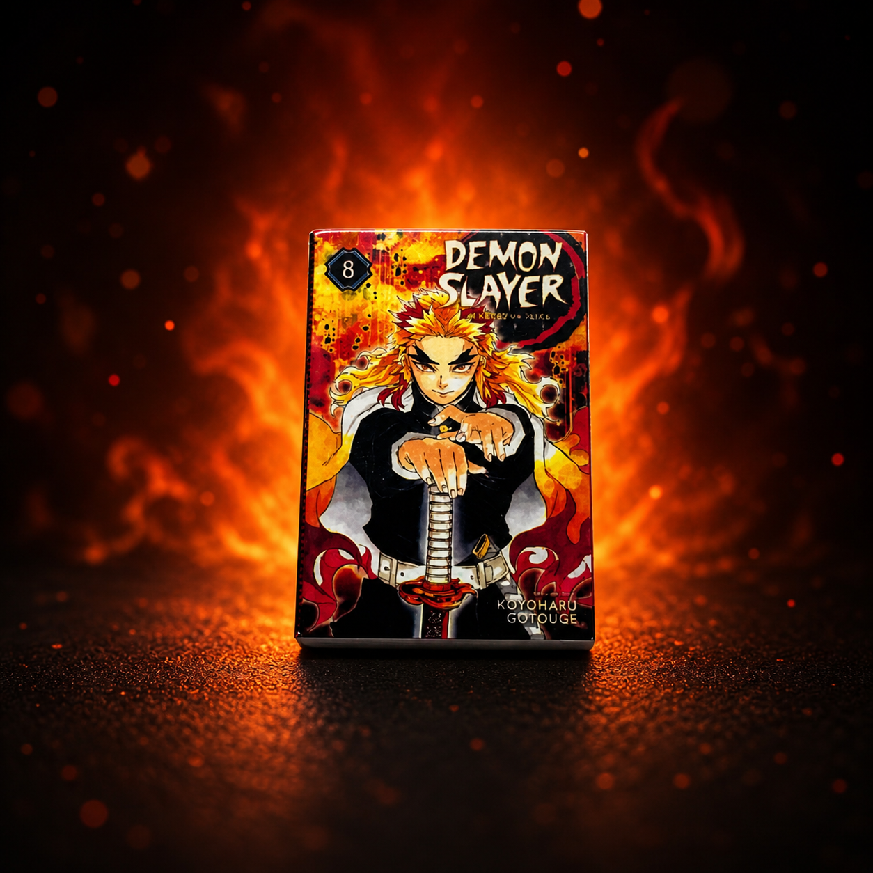 Flame Hashira Rengoku miniature book fridge magnet with fiery anime artwork and glossy finish