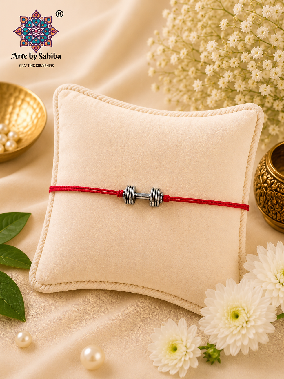 Modern fitness-themed rakhi featuring a metallic dumbbell charm on a vibrant red thread, displayed on a luxury ivory velvet c