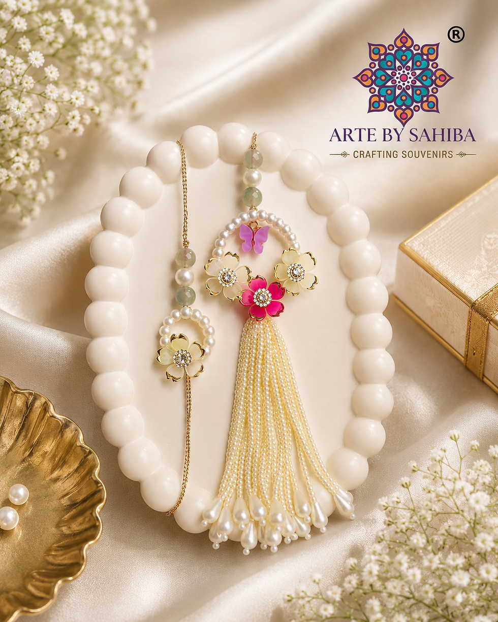 luxury floral and butterfly Rakhi lumba set for Bhaiya Bhabhi, featuring gold-bordered cream and magenta enamel flowers, a ti