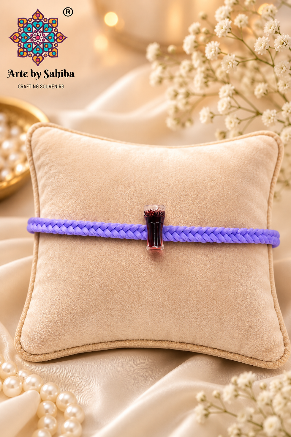 The miniature Coca-Cola inspired glass magnet charm is attached to a vibrant purple braided wristband.