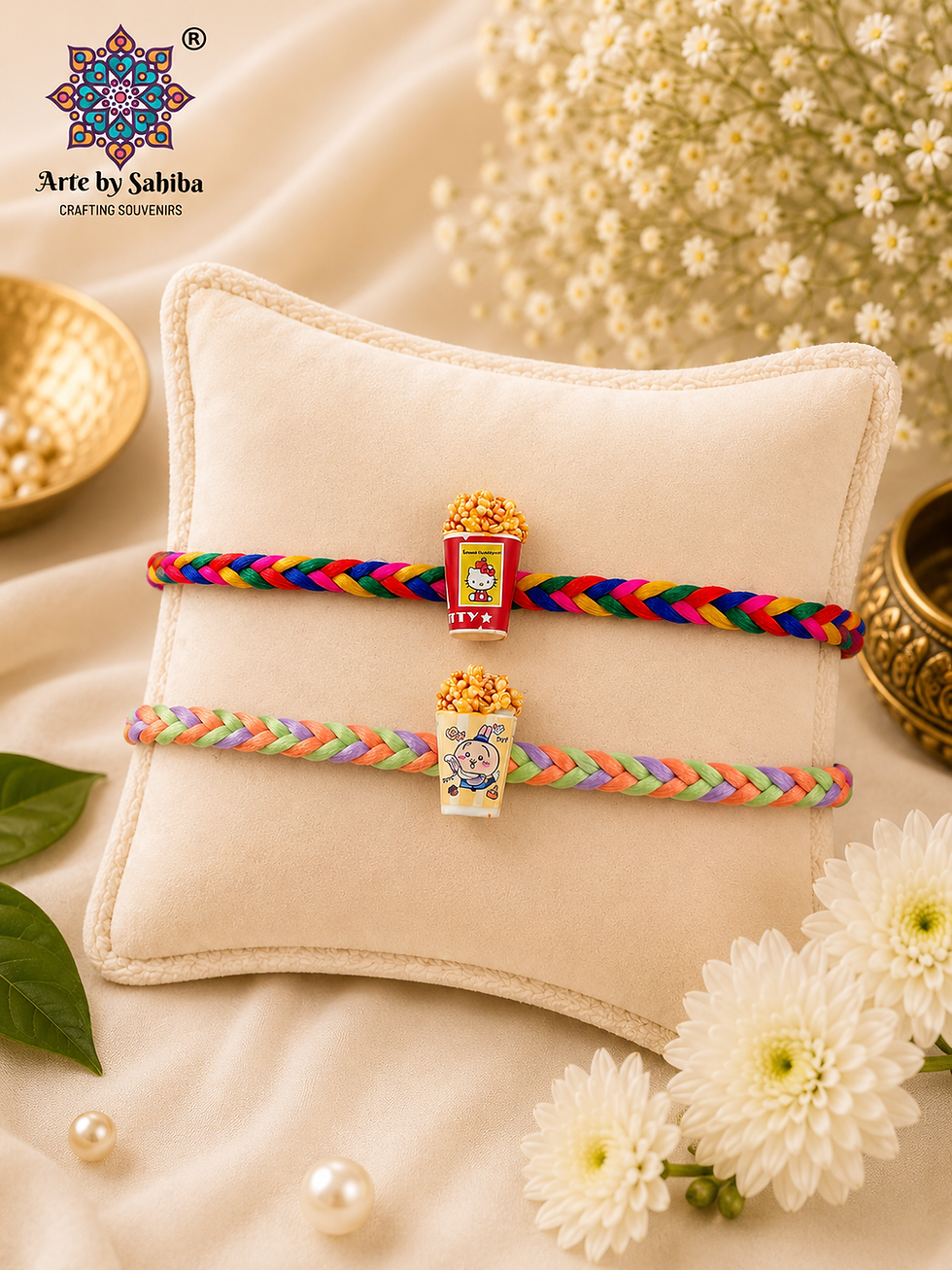 Premium handcrafted Rakhi-cum-fridge magnet featuring [Insert Design Name] on a luxury ivory velvet cushion.