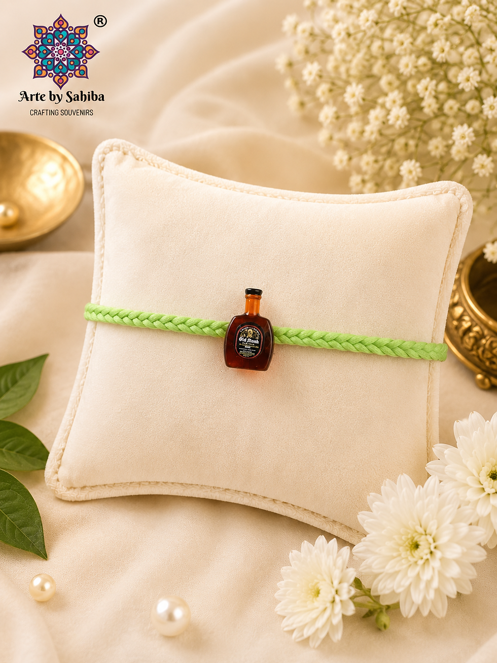 2-in-1 miniature amber Old Monk bottle Rakhi with a mint-green braided thread on a soft cream cushion, handcrafted by Arte by