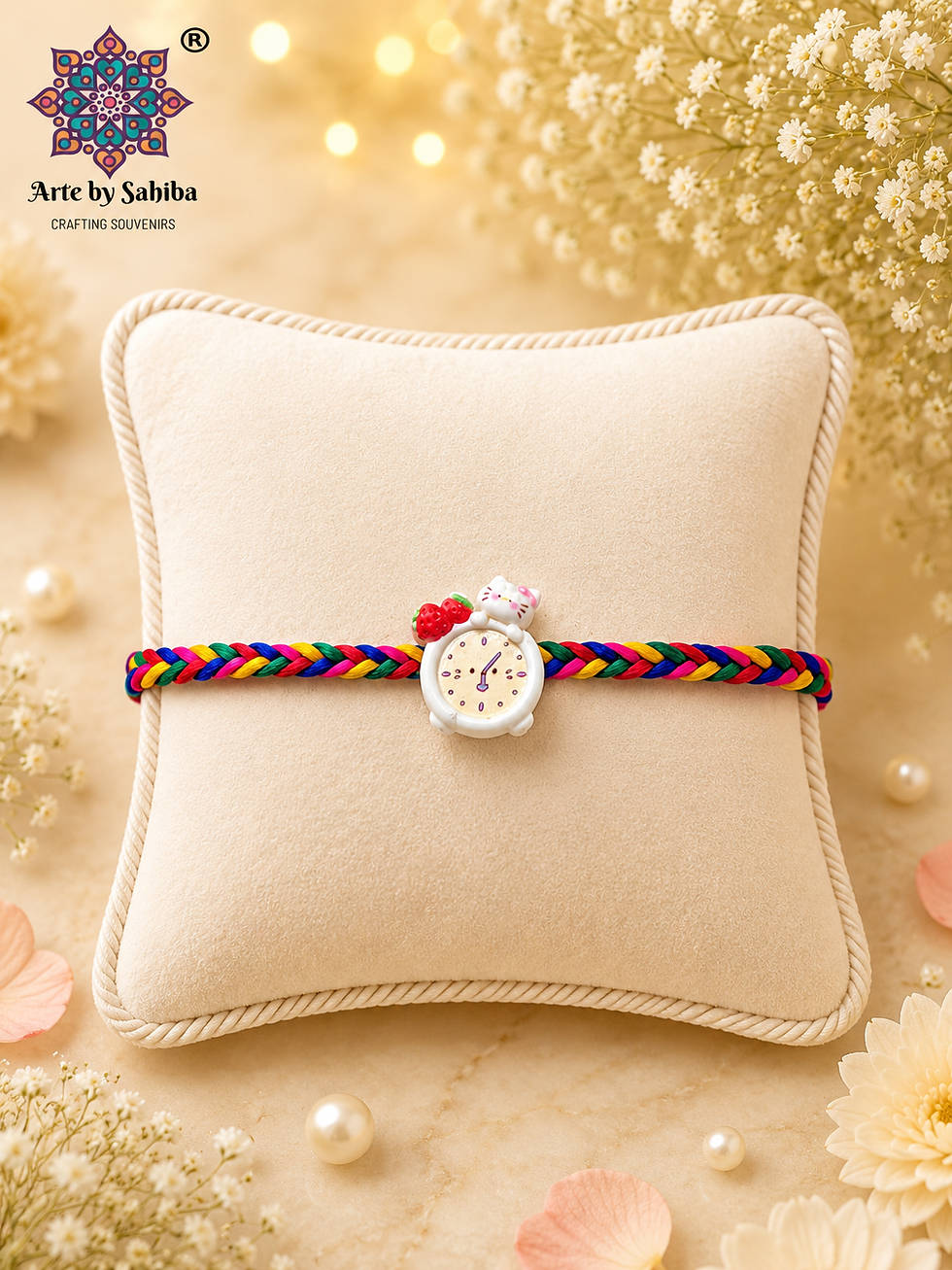 2-in-1 Hello Kitty miniature alarm clock Rakhi with a rainbow braided thread on a cushion, shown converting into a fridge mag