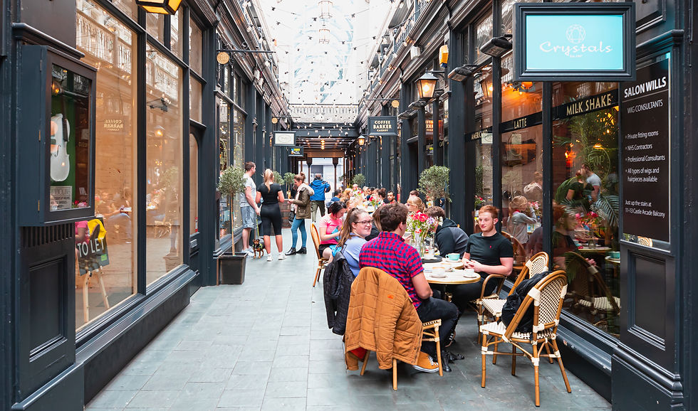 Step into the inviting world of Cardiff's Victorian arcades. Take a seat, relax, and savor a delightful drink or coffee amid the stunning architecture and cozy ambiance.