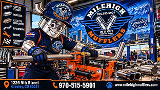 Mile High Mufflers mascot bending a custom exhaust pipe at the Greeley shop; 1229 9th Street, 970-515-5901.