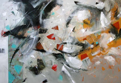 Original abstract painting by Connie Slack featuring spontaneous brush strokes with geometric elements