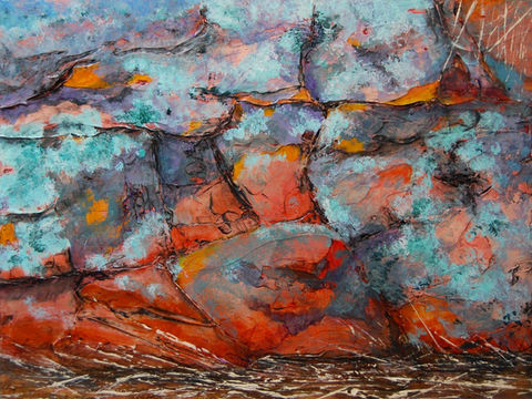 Original abstract painting by Connie Slack featuring spontaneous brush strokes in reds, turquoise and oranges.
