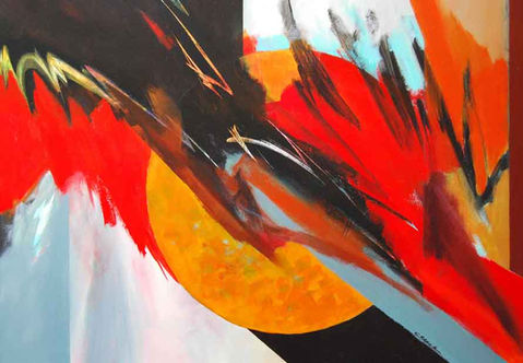 Original abstract painting by Connie Slack with sweeping reds with earth tones, yellow and white