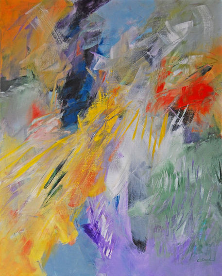 Original abstract painting by Connie Slack featuring yellow, white lavender, blue and a touch of red applied with spontaneity
