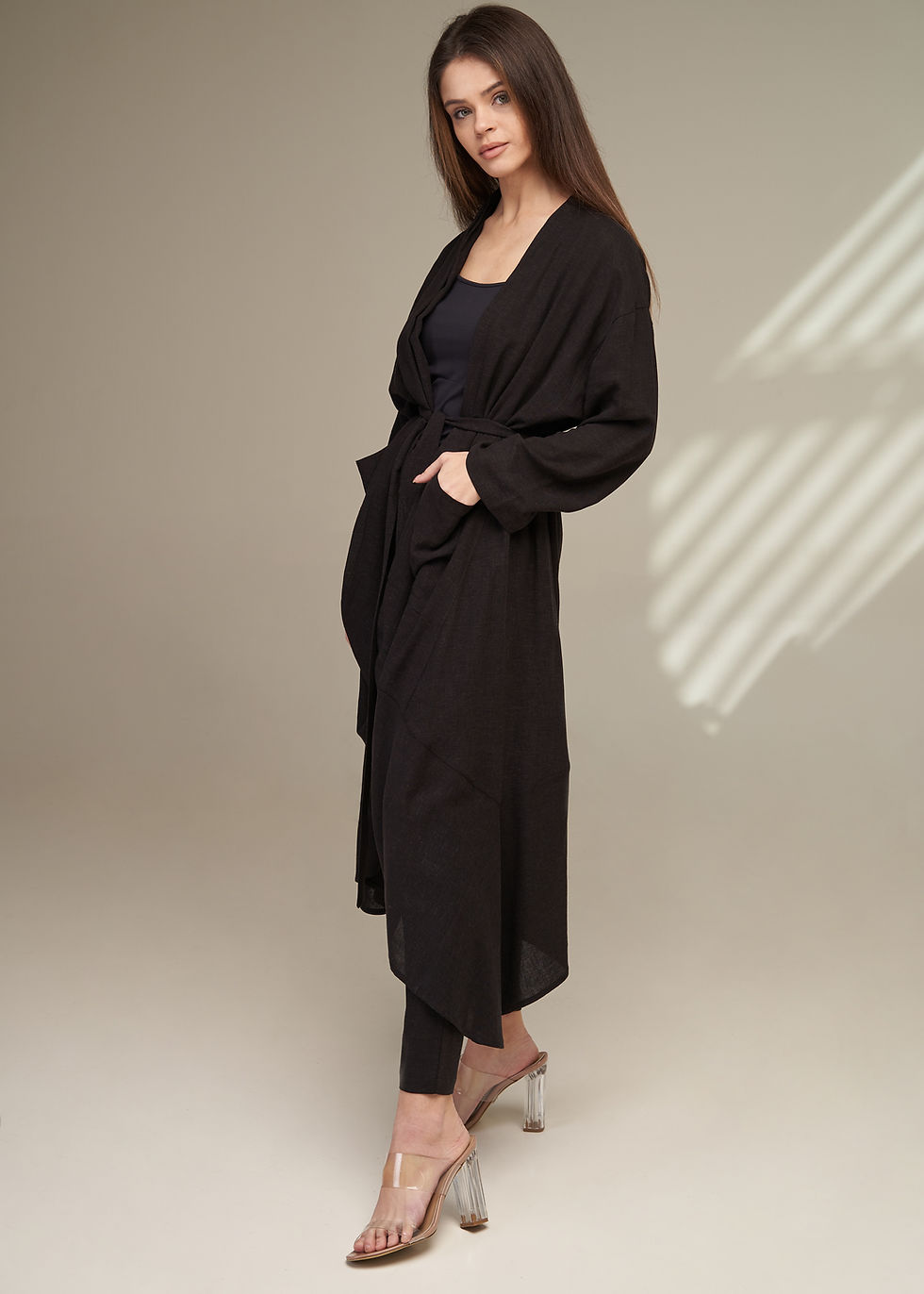 Miniature : Black Linen Abaya & Pants Set