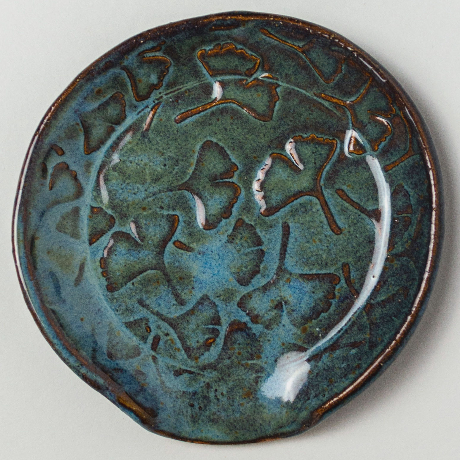 WSGINKOBLSPO - Ginkgo Patterned Blue Ceramic Kitchen Spoon Rest Handmade