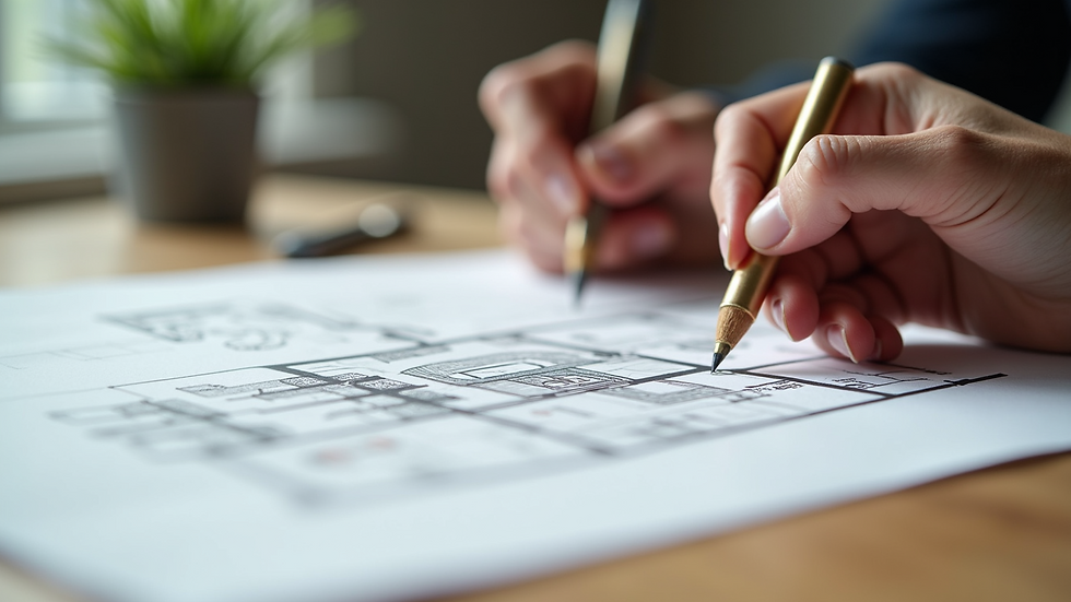 Close-up view of a designer’s hands sketching a home layout on paper