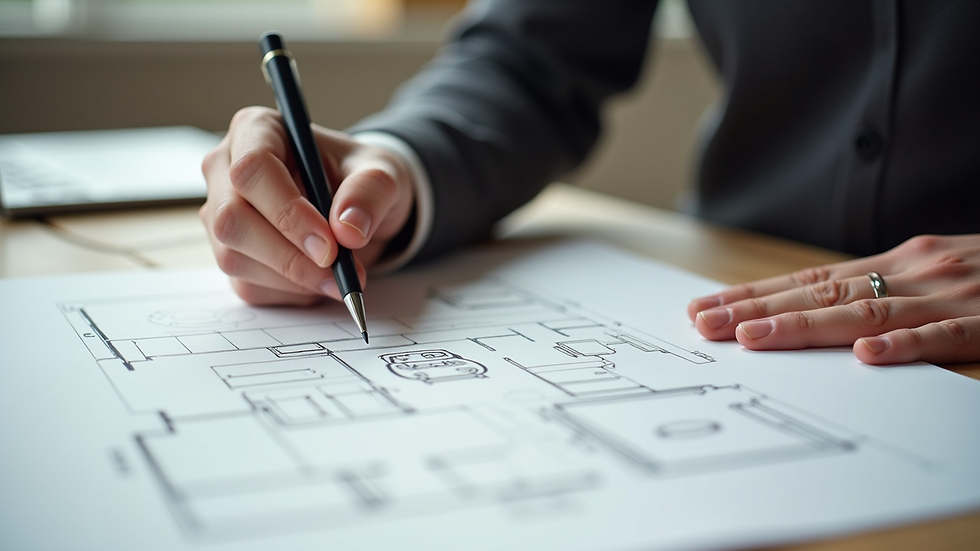 Close-up view of a designer’s hands sketching a room layout on paper