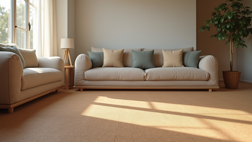 Eye-level view of a living room with cork flooring and organic fabric furniture