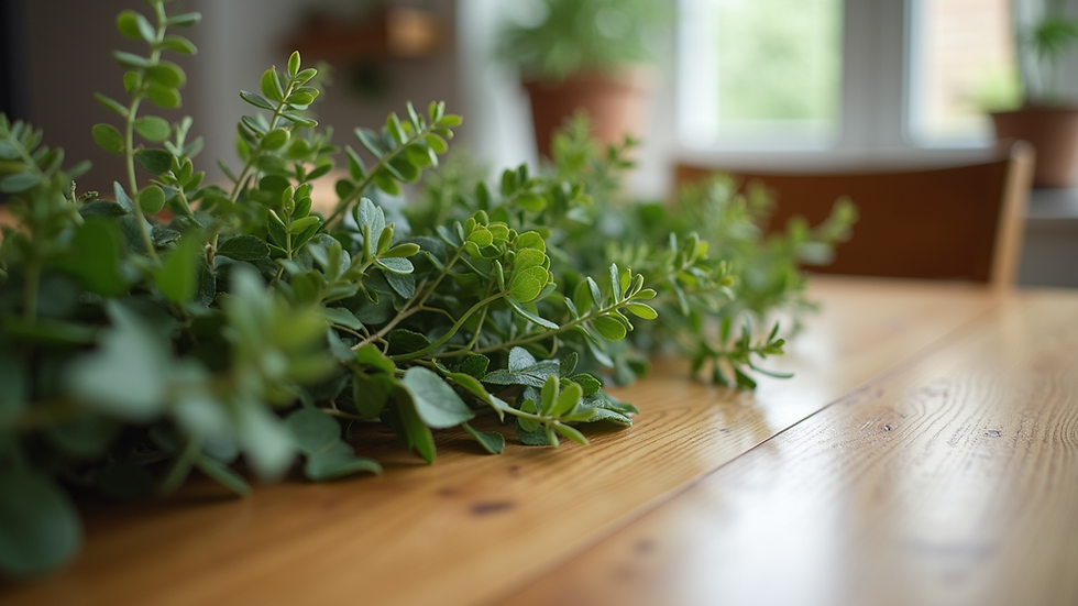 Close-up view of natural wood dining table with greenery centerpiece