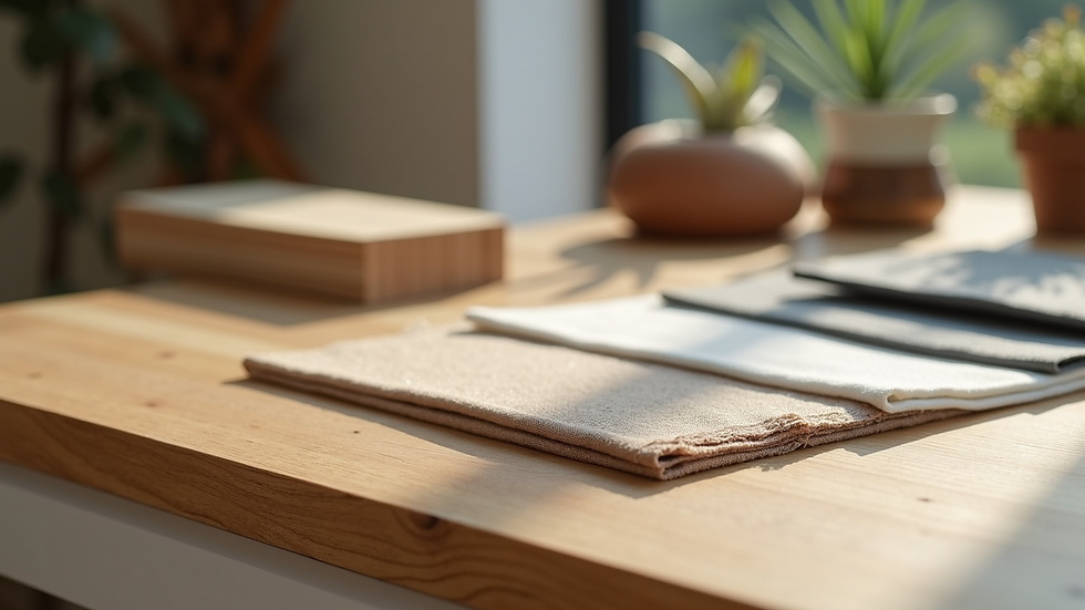 Close-up view of natural wood samples and fabric swatches on a design table