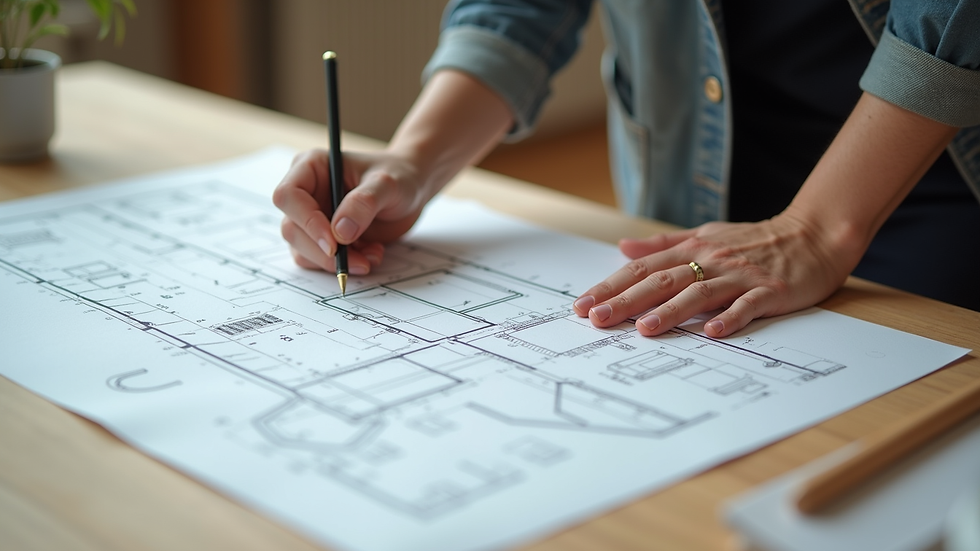 Close-up view of a designer’s hands sketching a floor plan on a wooden table
