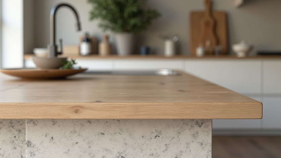 Close-up view of a minimalist kitchen island with natural wood and stone finishes