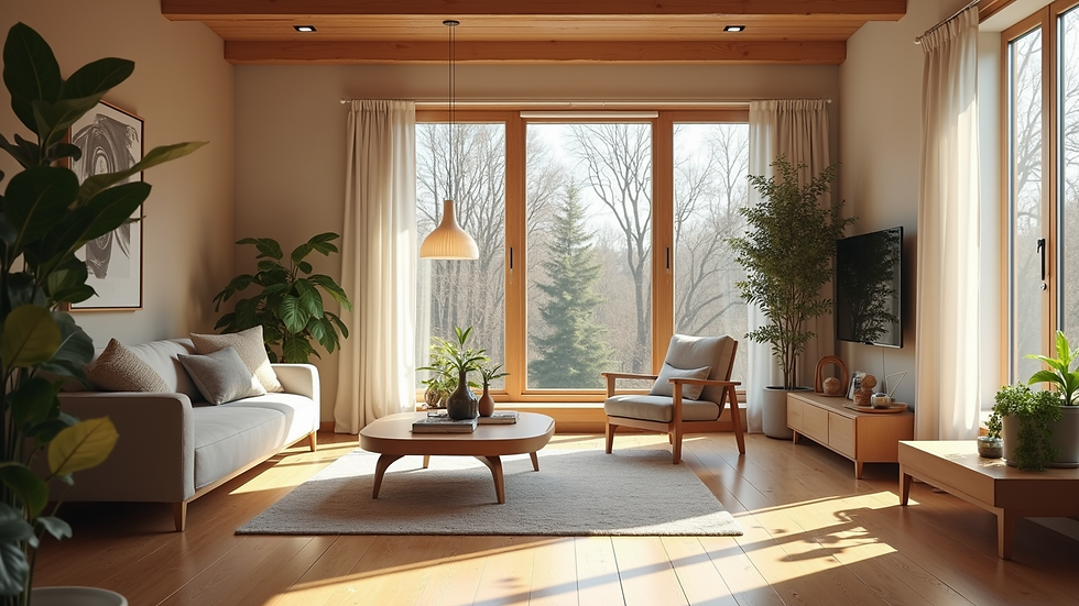 Eye-level view of a cozy living room with natural wood accents and large windows
