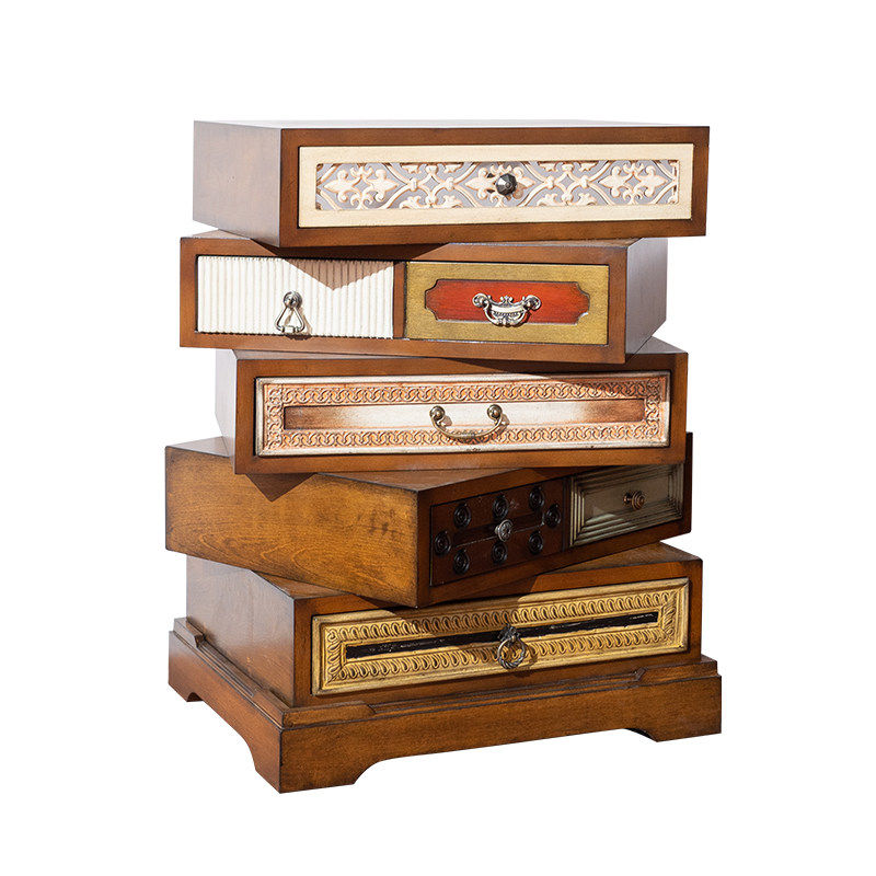 Vintage Rotating Solid Wood Nightstand with Multi Drawer Storage, Rustic Walnut