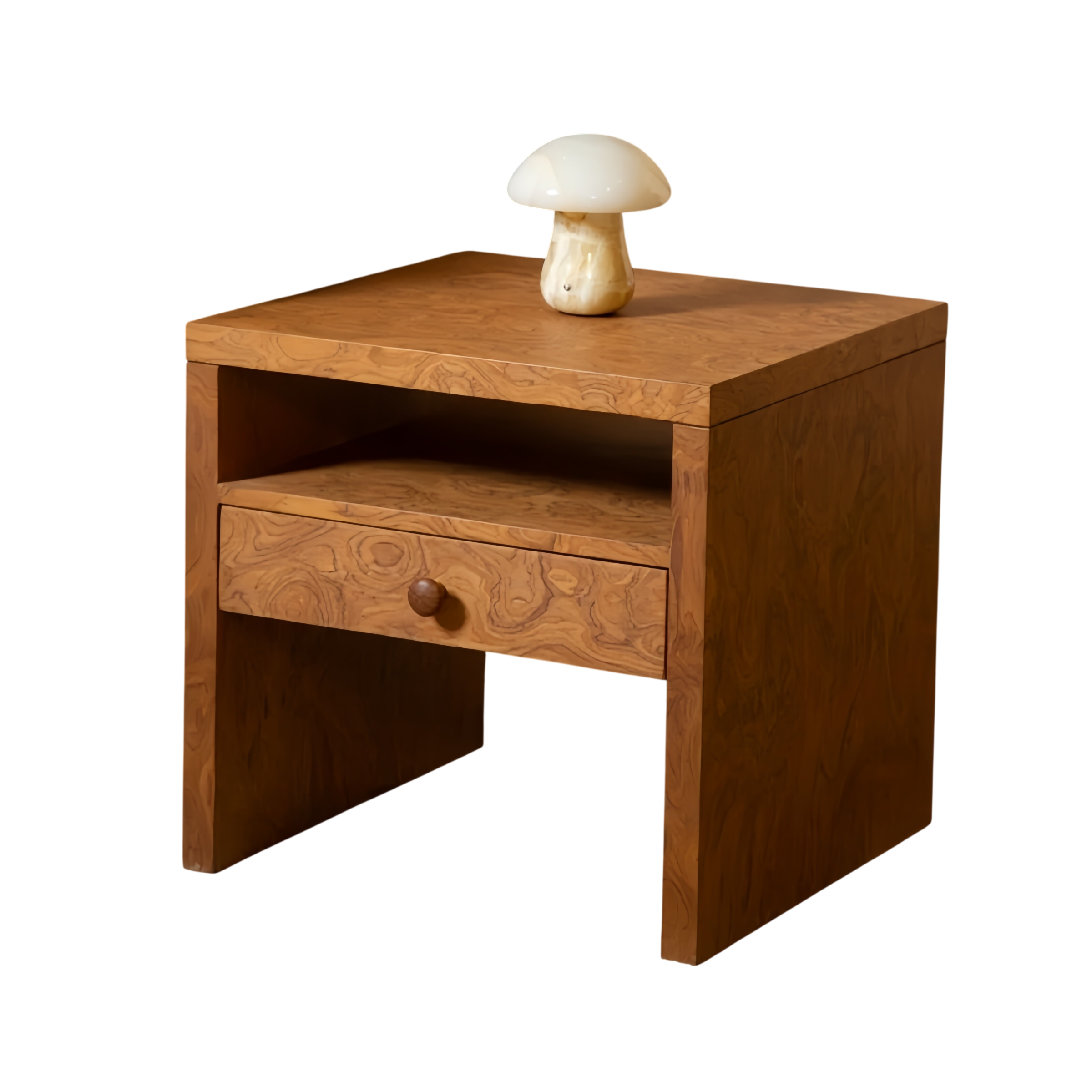 Modern Burl Wood Nightstand with Drawer – Solid Wood Bedside Table