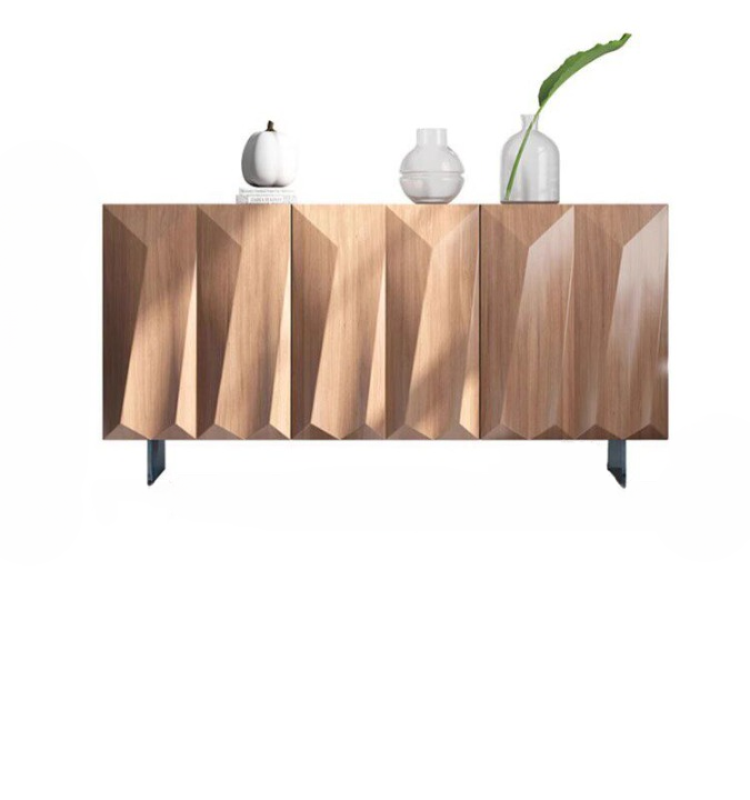 Modern Walnut Sideboard Cabinet with Geometric Carved Doors