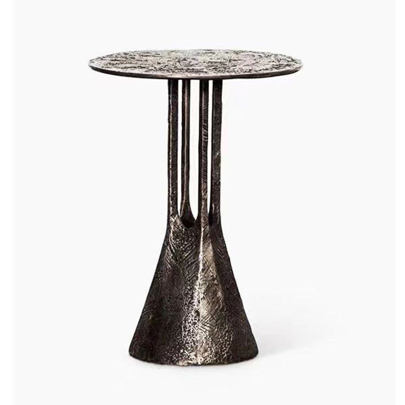 Round Metal Side Table with Antique Bronze Finish, Sculptural Accent End Table