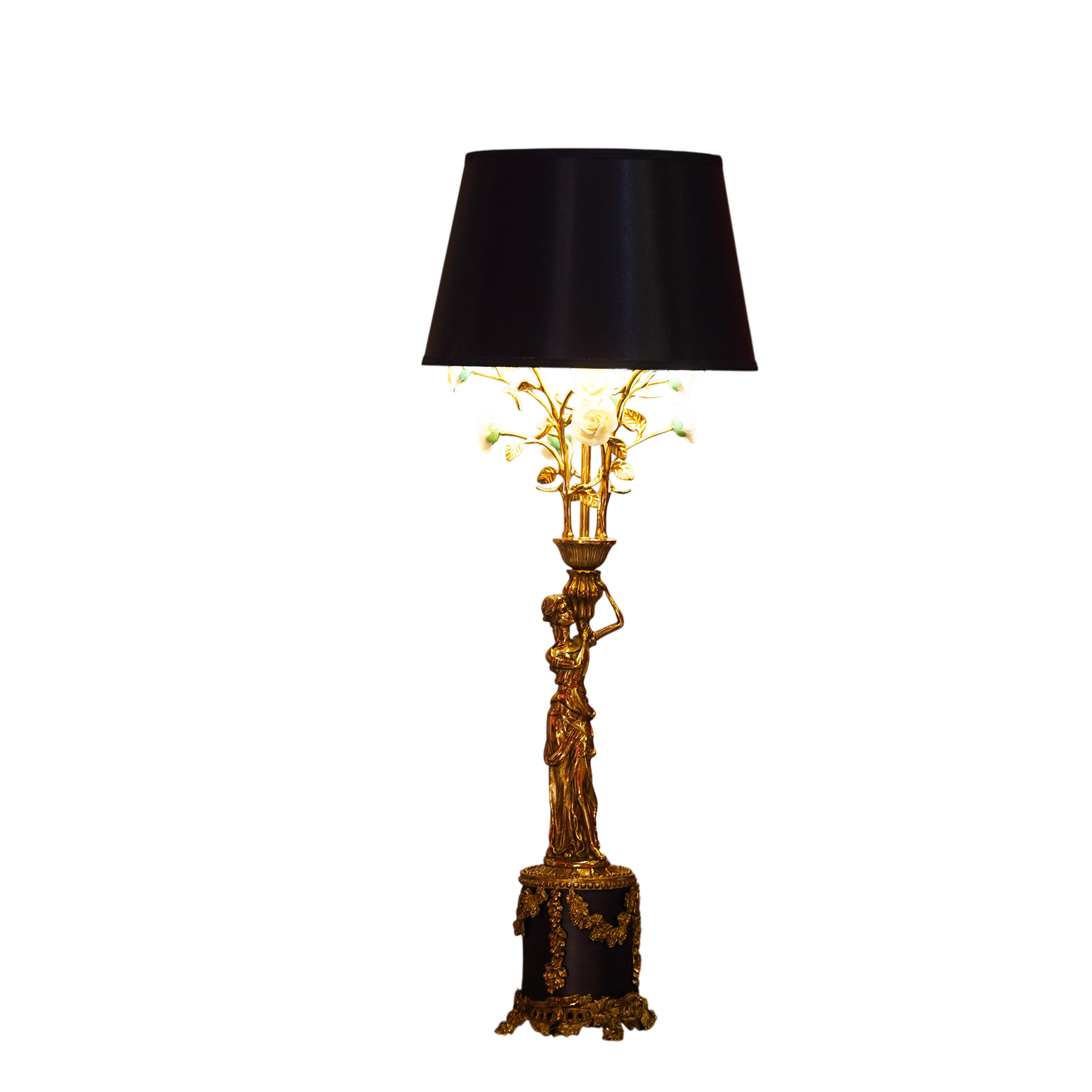 Vintage Gold Figurine Table Lamp with Black Shade, Luxury Decorative Sculpture