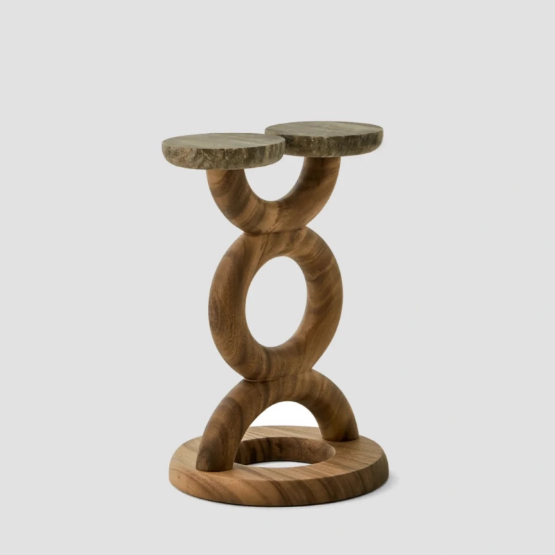 Modern Sculptural Side Table with Stone Top – Abstract Solid Wood Accent Table