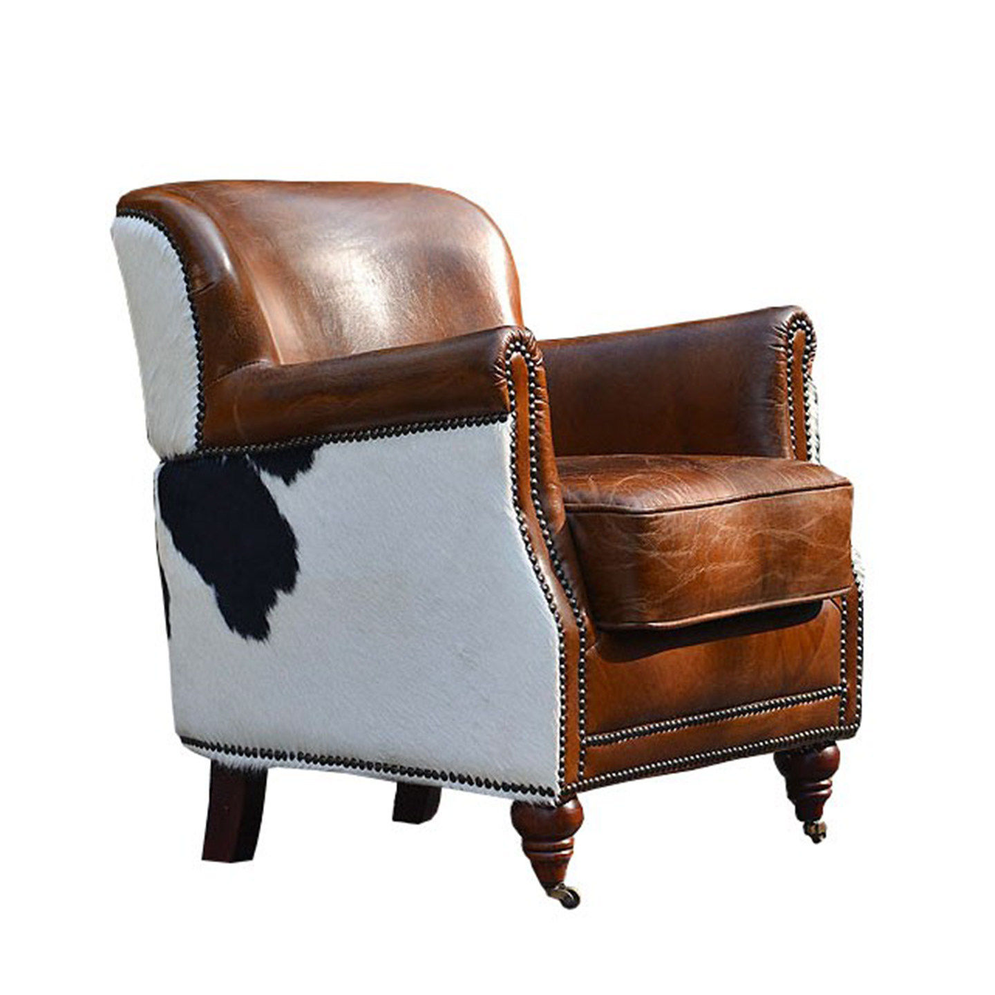 Vintage Cowhide Leather Armchair, Rustic Club Accent Chair with Nailhead Trim