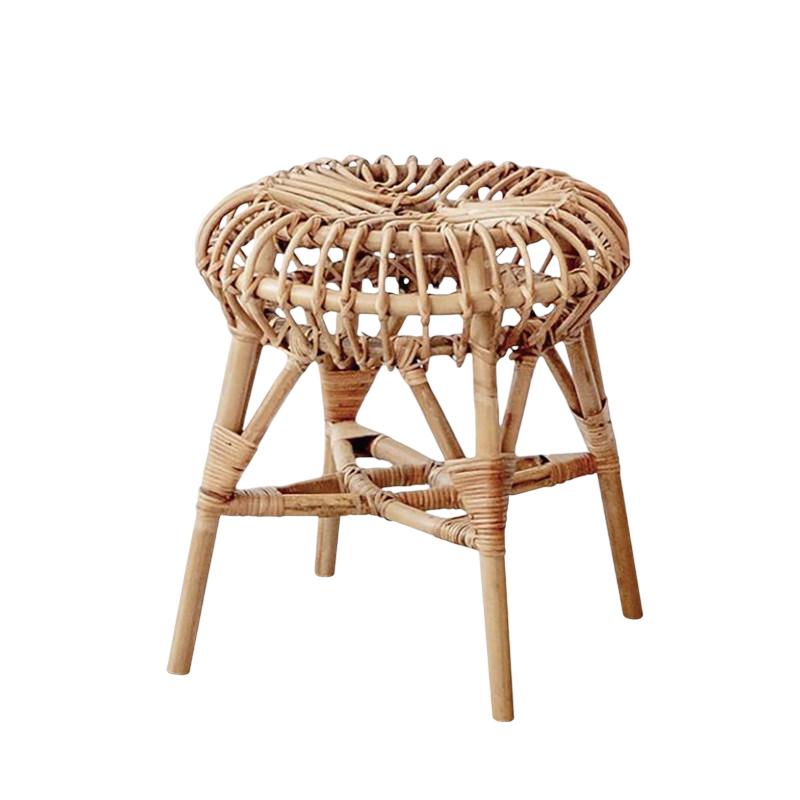 Round Rattan Stool – Woven Natural Wicker Seat, Nordic Rustic Vanity Stool
