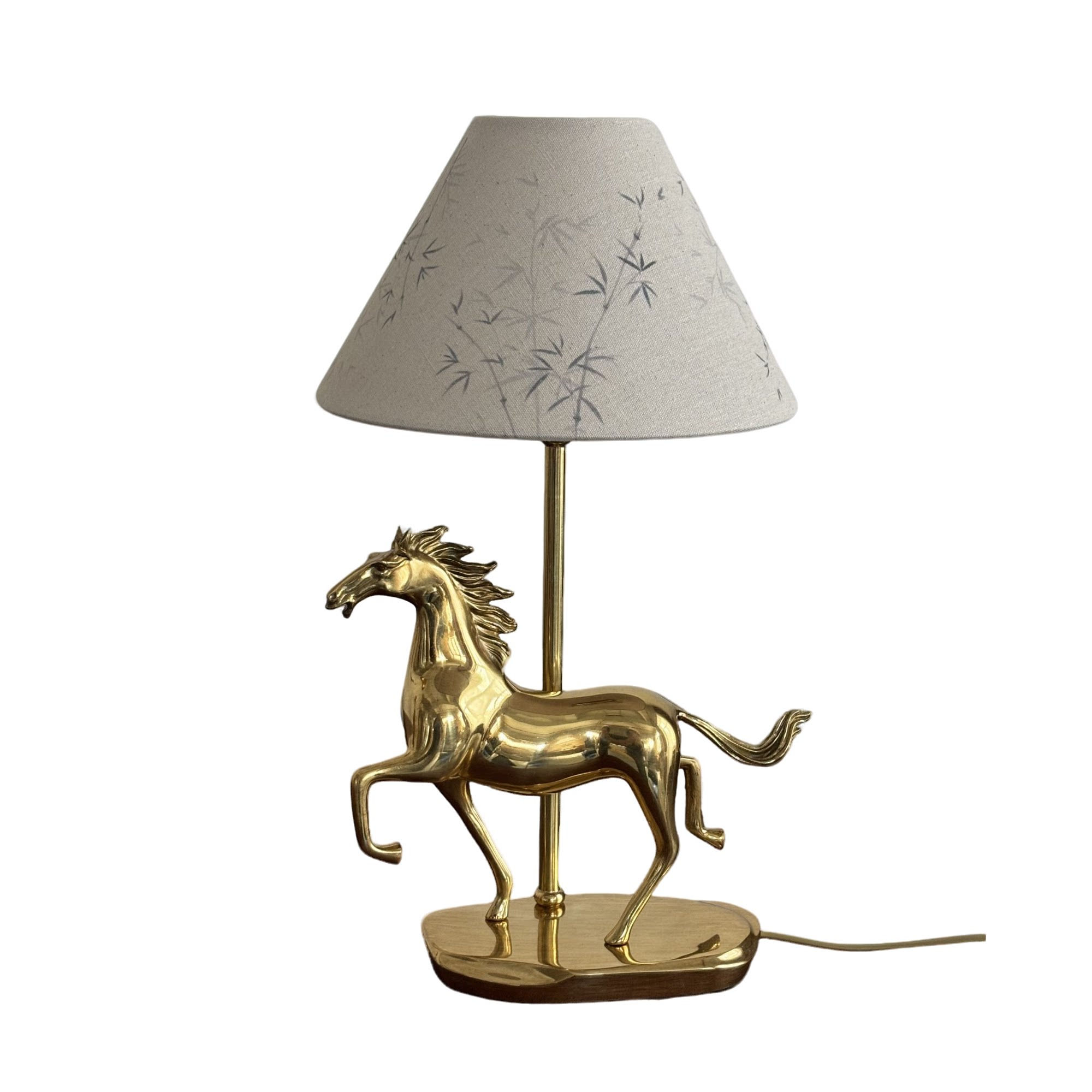 Modern Brass Horse Table Lamp with Fabric Shade, Decorative Bedside Desk Lamp