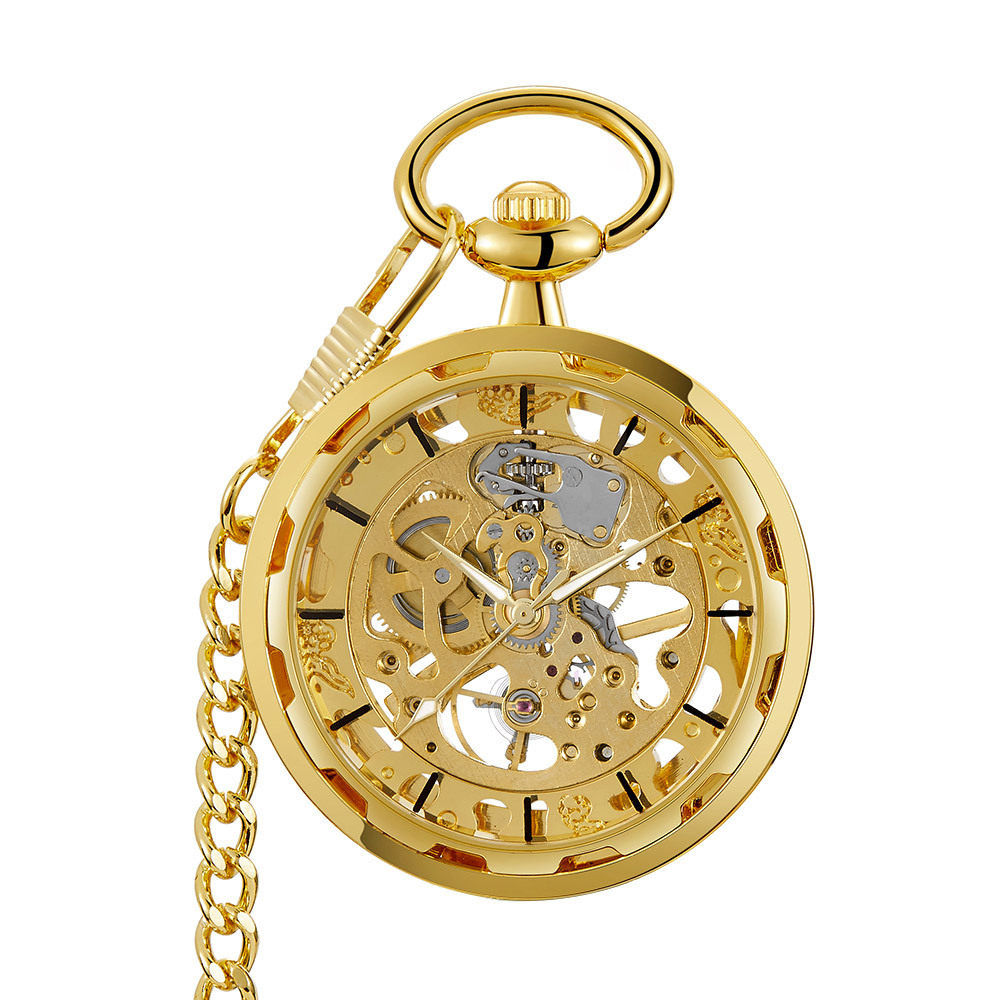 Vintage Skeleton Mechanical Pocket Watch with Chain