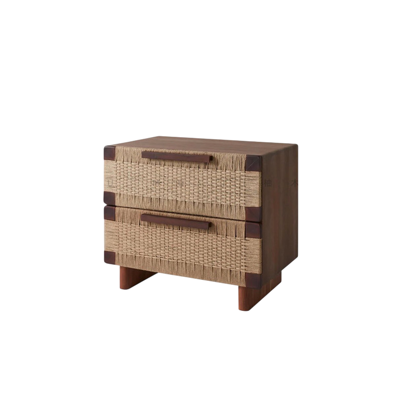 Mid Century Modern Wood Nightstand with Woven Drawer Front