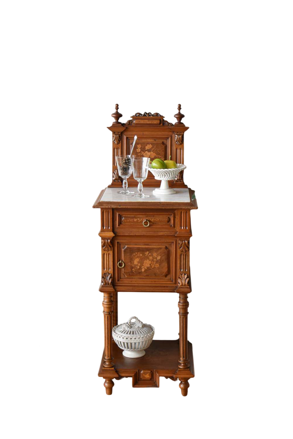 Vintage Solid Wood Bedside Cabinet with Marble Top, Storage Side Table