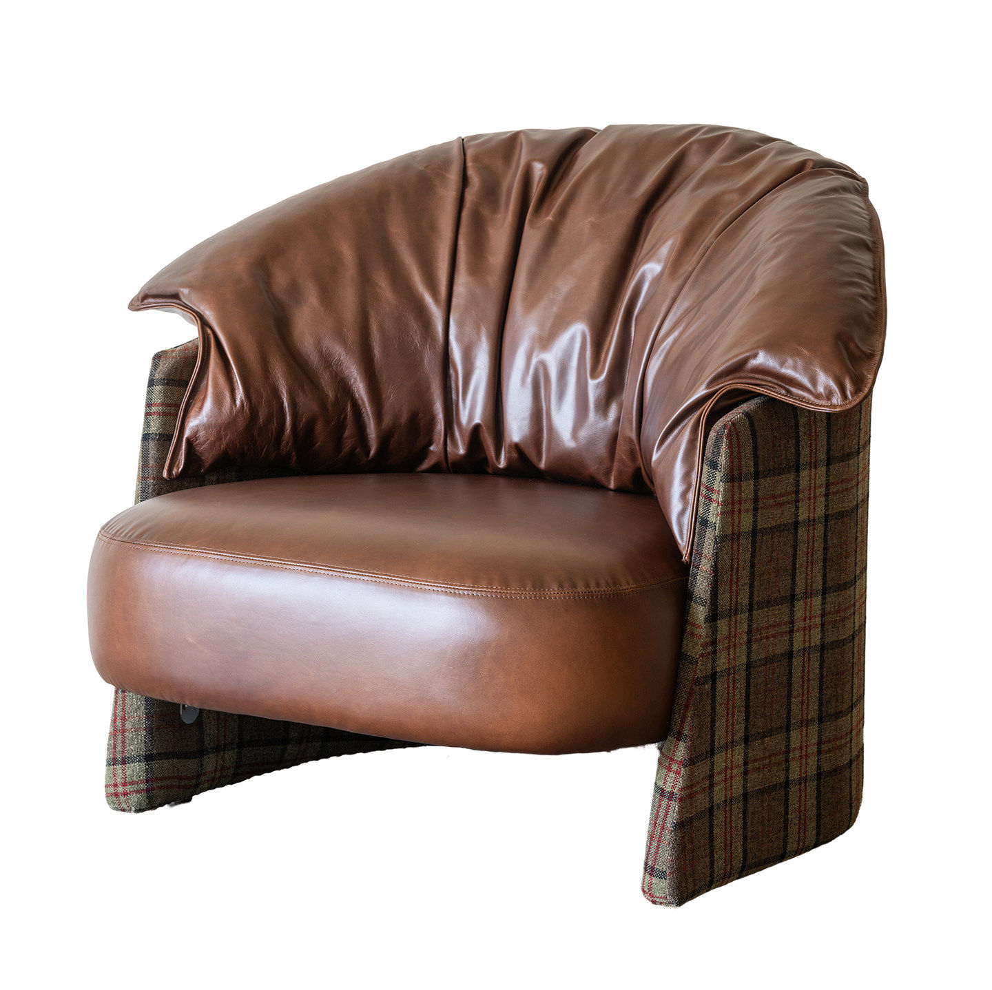 Vintage Leather Accent Chair, Single Sofa Chair with Plaid Fabric Sides