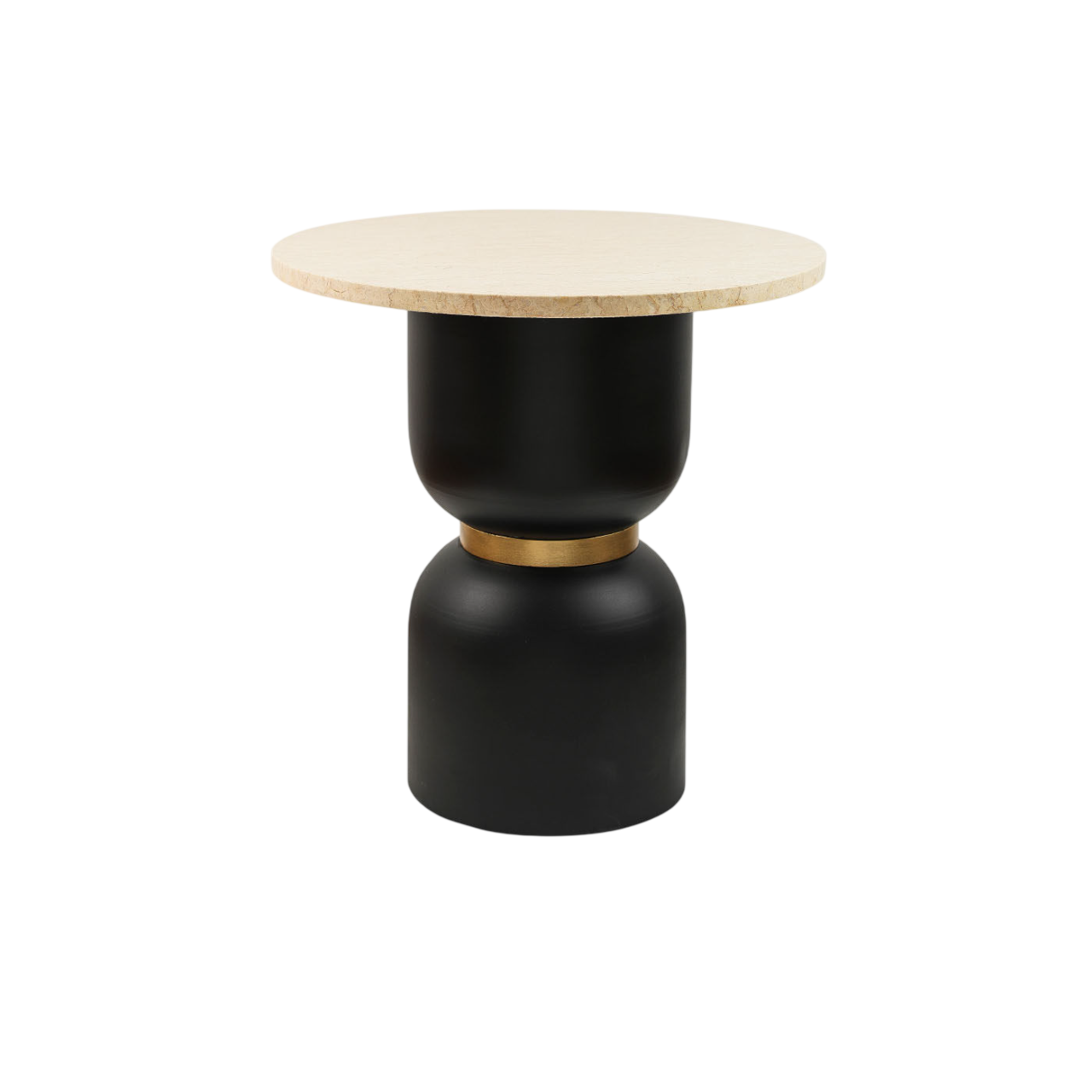 Luxury Round Marble Side Table, Beige Marble Top with Black & Gold Base