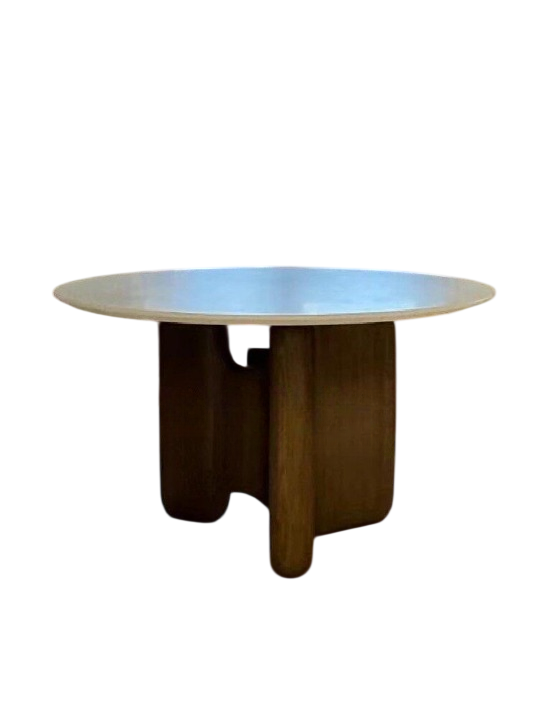 Round Solid Wood Dining Table with Sculptural Base, Modern Walnut Finish