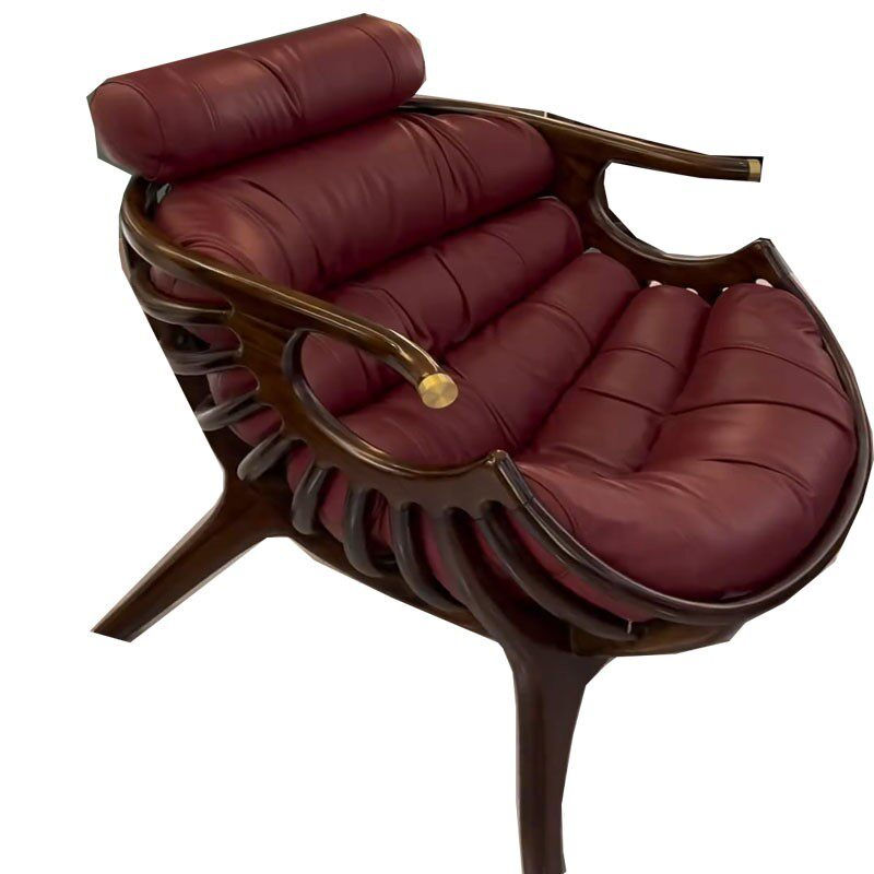 Modern Solid Wood Lounge Chair Upholstered Leather Accent Chair Curved Armrest