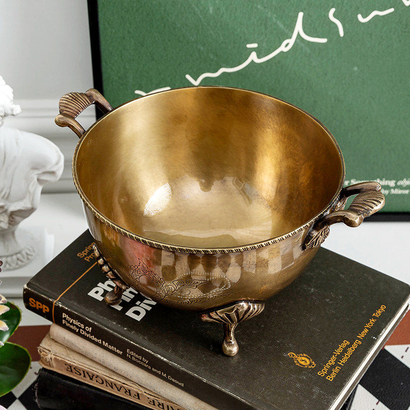 Thumbnail: Vintage Brass Fruit Bowl with Handles, Decorative Pedestal Serving Bowl 