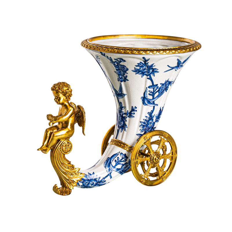 Blue and White Ceramic Horn Vase with Gold Metal Stand
